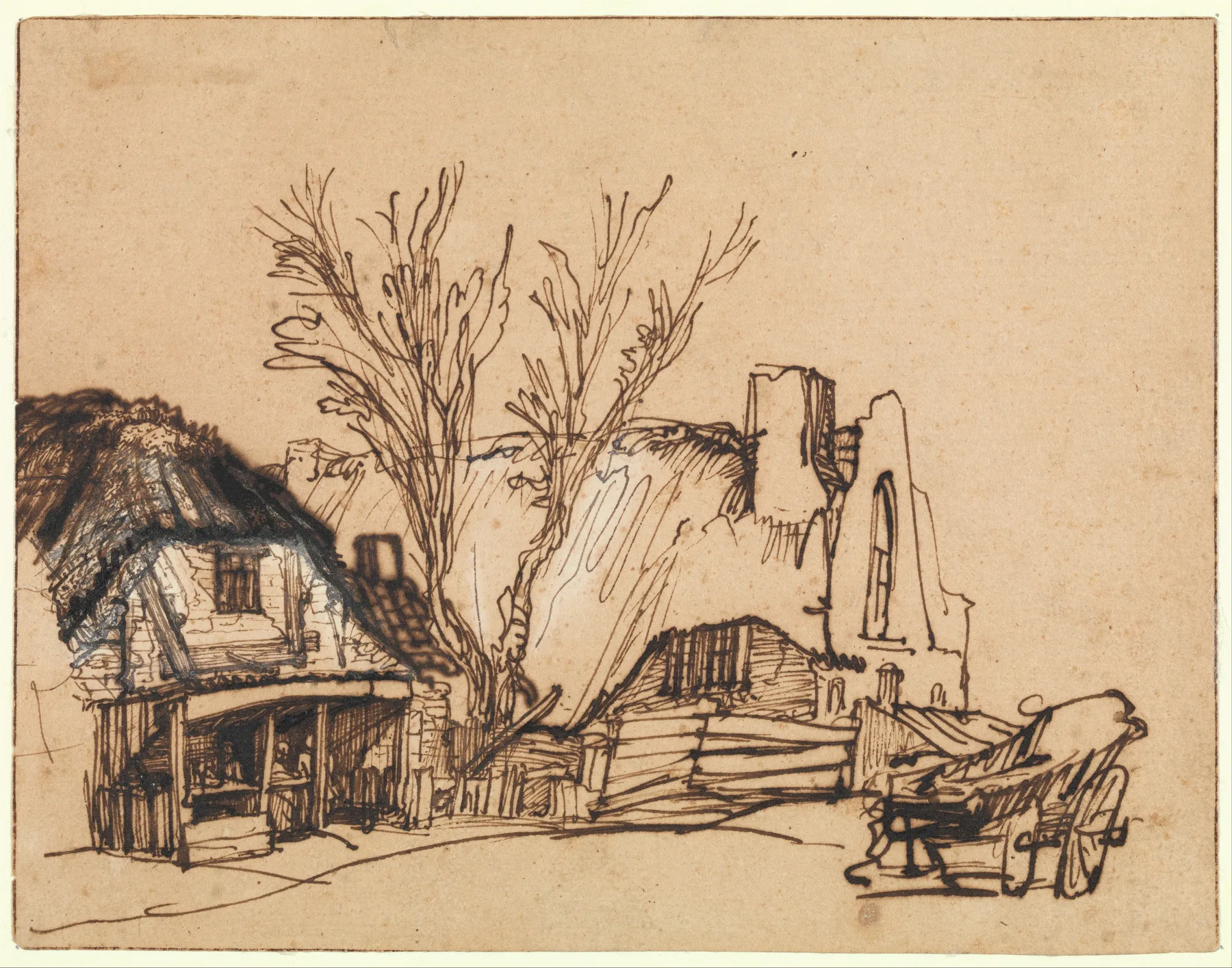 Rembrandt's pen drawing of two thatched cottages among trees: quick, varied brown ink lines, some bold, some broken.