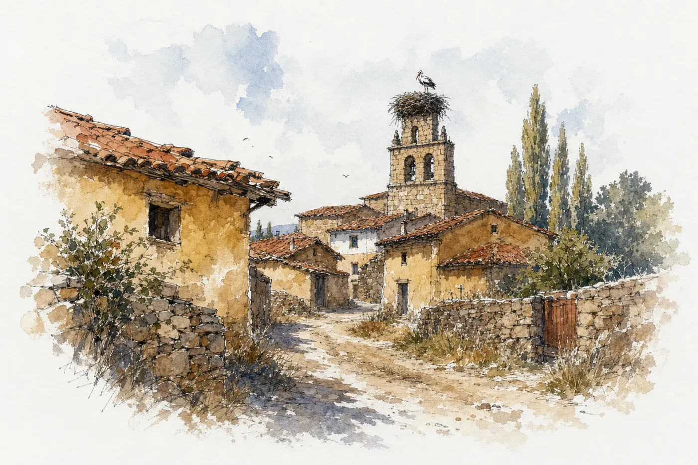 A pen and wash sketch of a village in León: ochre adobe houses, a stone bell tower with a stork's nest, a dirt lane and tall poplars.