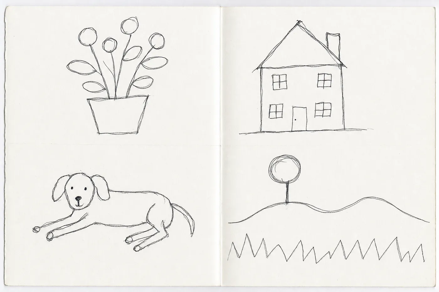 A sketchbook spread with four clumsy beginner pen drawings: a symbolic potted plant, a box house, a stiff dog and a landscape with a lollipop tree.