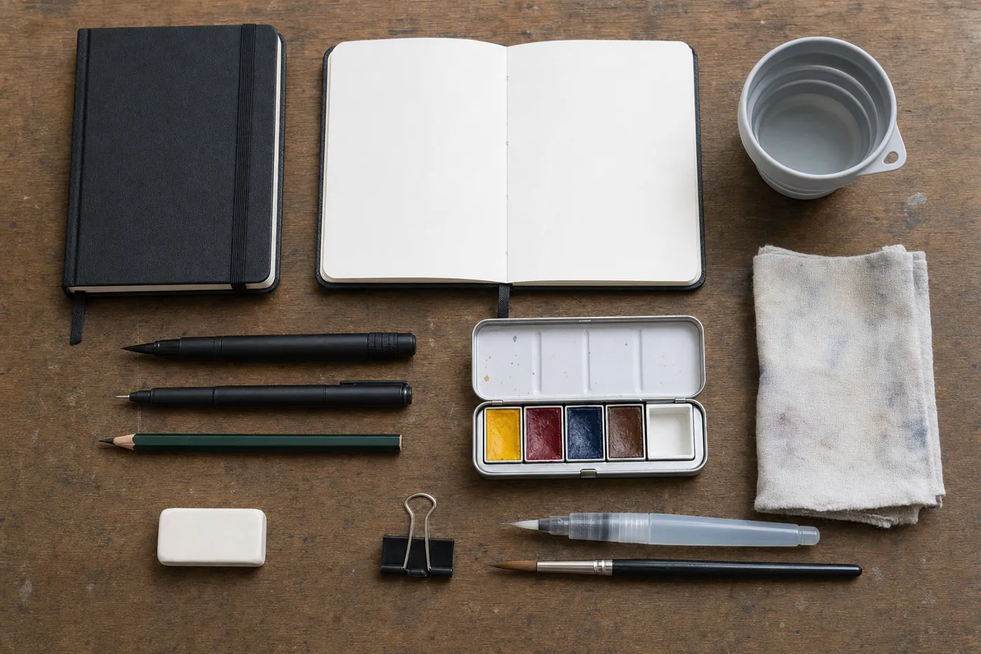 A minimal sketching kit laid out on a wooden table: two small sketchbooks, pens, a pencil, a tin palette of five colours, an eraser, a clip, a water brush, a round brush, a rag and a folding water cup.