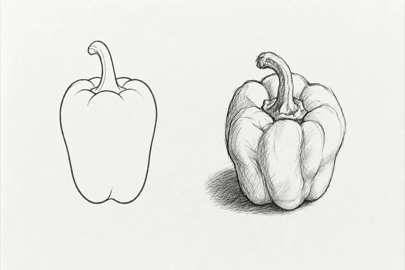 Two pen drawings of a bell pepper: on the left a smooth symmetrical outline from memory, on the right a lumpy, creased, shaded pepper drawn from life.