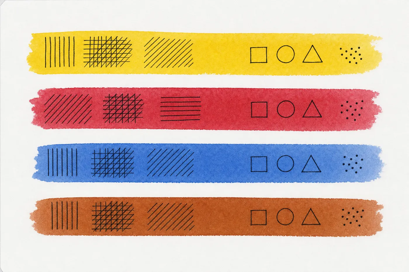 Four stripes of yellow, crimson, blue and brown watercolour painted over rows of black pen hatching, shapes and dots; the ink is crisp under the paint.