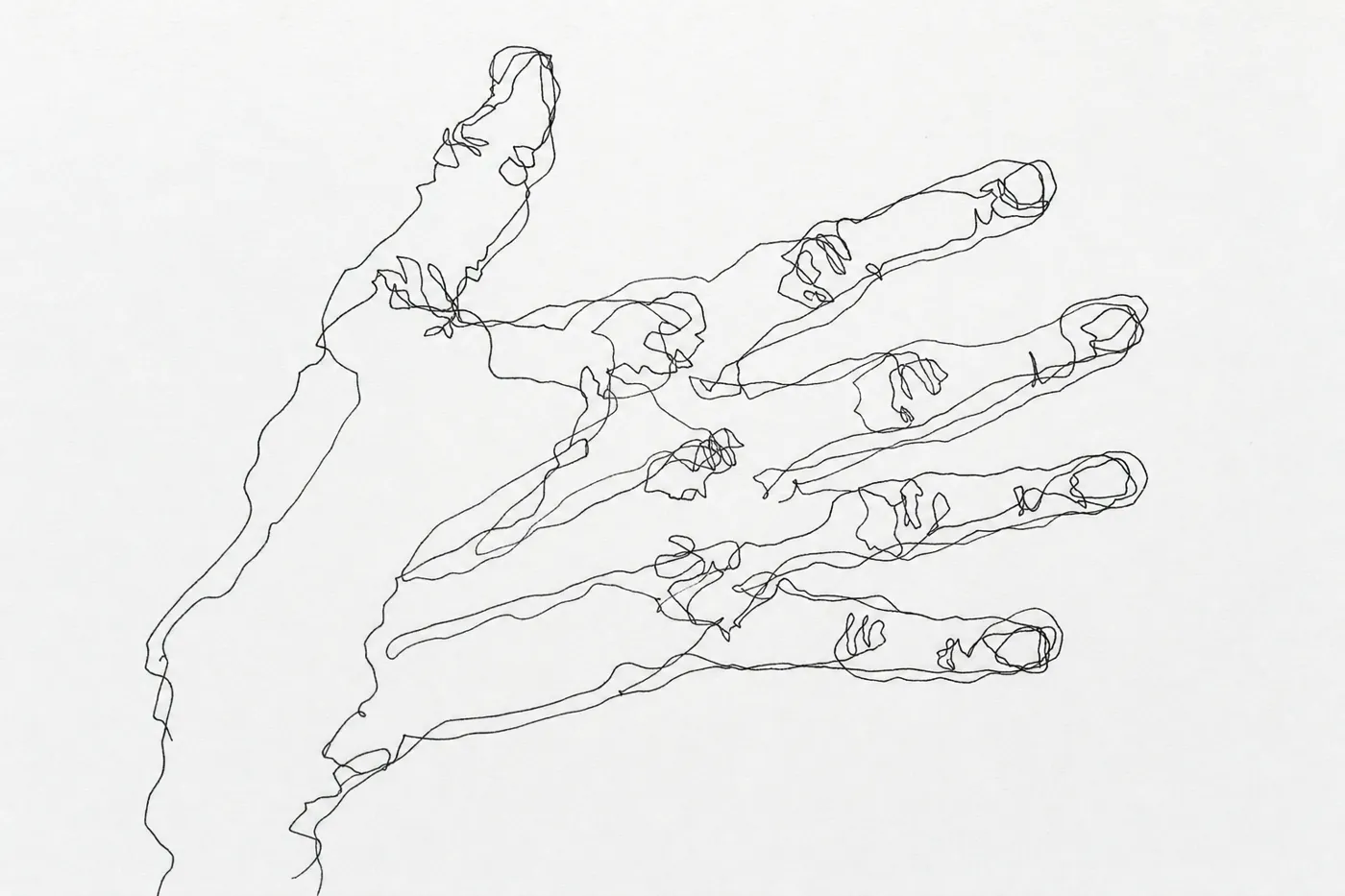 A blind contour drawing of a hand: one wandering pen line, fingers too long and drifting apart, full of tiny wiggles at the knuckles and nails.