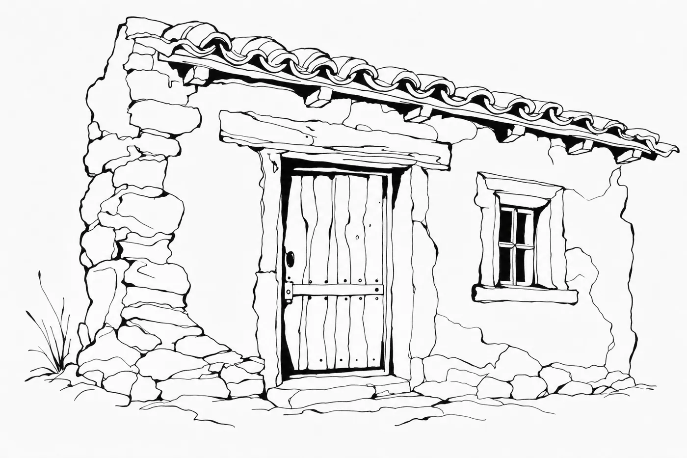 A bold ink drawing of an old stone house with a plank door and small window; single strokes swell and thin, with solid black in the window and under the roof.