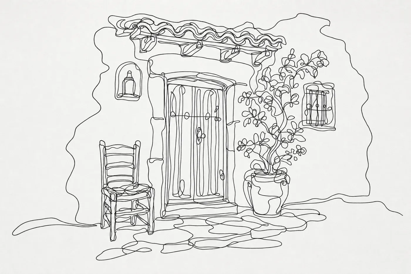 A single unbroken pen line drawing of a village doorway with a chair and a potted plant; the line loops through details and doubles back.