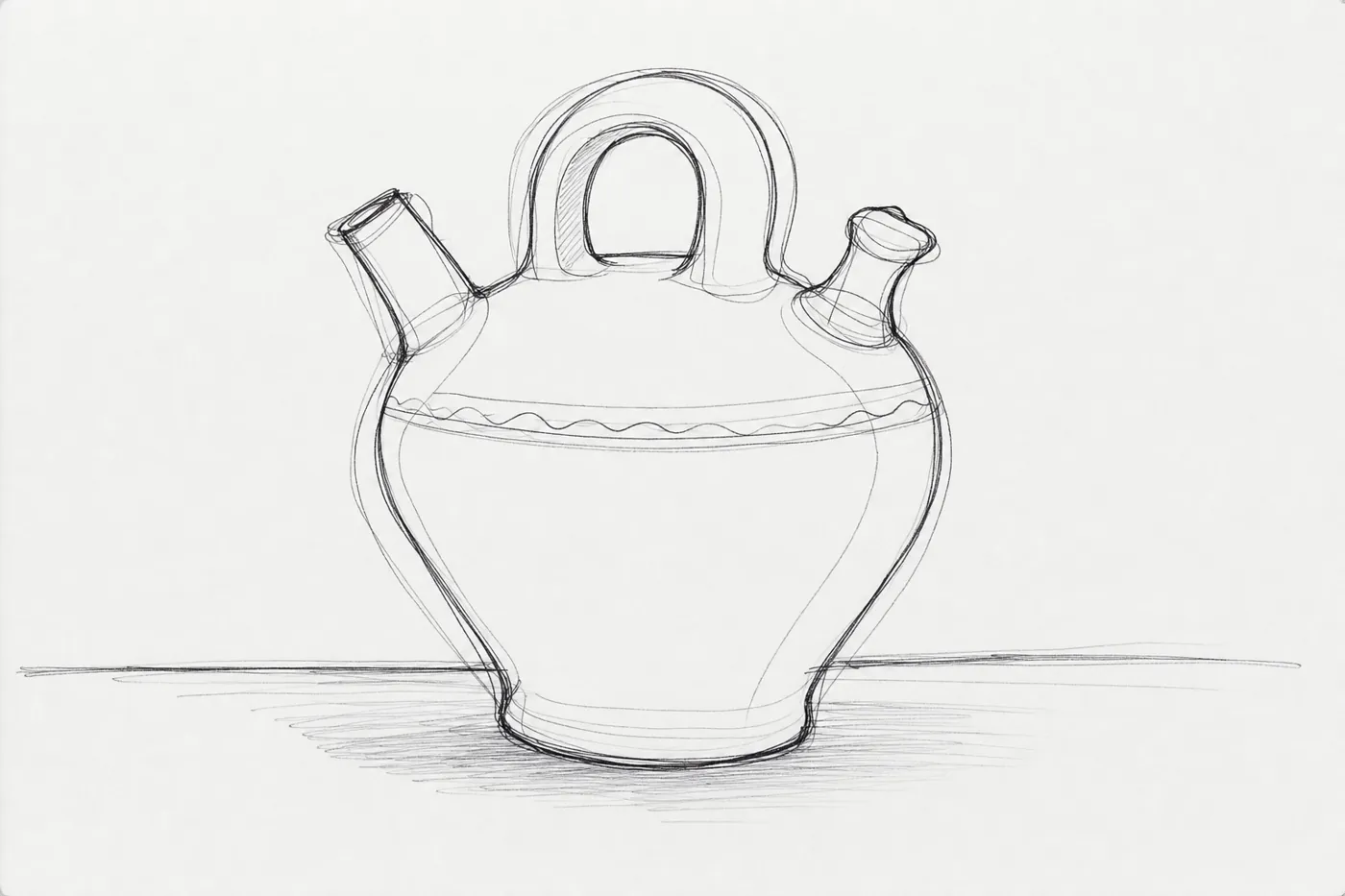 A pen drawing of a clay water jug in which several first lines are left visible beside corrected lines.